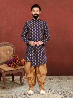 Men Navy Blue Jacquard Silk Dhoti Kurta Set 1