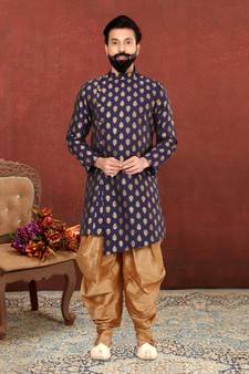 Men Navy Blue Jacquard Silk Dhoti Kurta Set