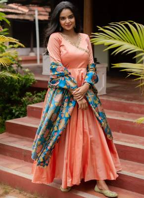 Designer Light Peach Silk Gown With Dupatta 1