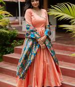 Designer Light Peach Silk Gown With Dupatta