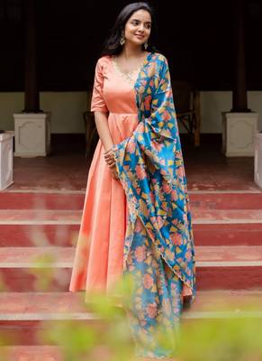 Designer Light Peach Silk Gown With Dupatta 2