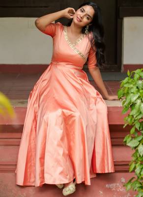 Designer Light Peach Silk Gown With Dupatta 3