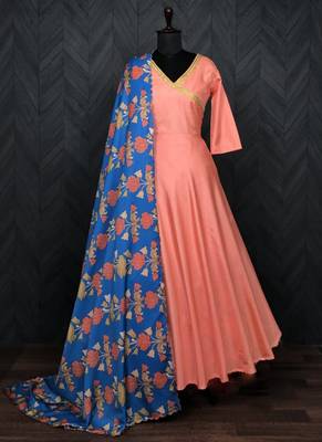 Designer Light Peach Silk Gown With Dupatta 5