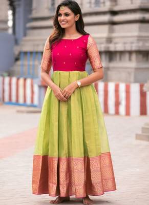 Designer Light Green Organza jacquard Gown 1