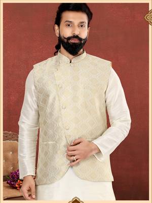 Men Cream Jacquard Silk Nehru Jacket with Plain White Dupion Silk Kurta Churidar 8