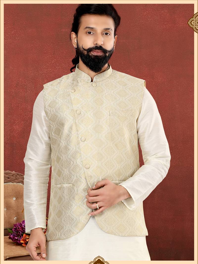 Men Cream Jacquard Silk Nehru Jacket with Plain White Dupion Silk Kurta Churidar