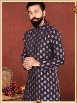 Men Navy Blue Jacquard Silk Dhoti Kurta Set 7