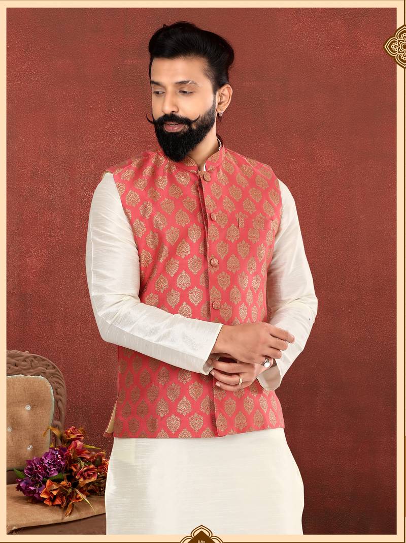 Men Red Jacquard Silk Nehru Jacket with Plain White Dupion Silk Kurta Churidar