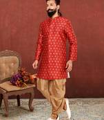 Men Red Jacquard Silk Dhoti Kurta Set