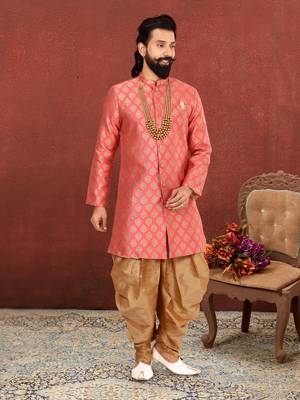 Men Peach Jacquard Silk Dhoti Kurta Set 1
