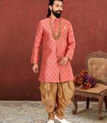 Men Peach Jacquard Silk Dhoti Kurta Set