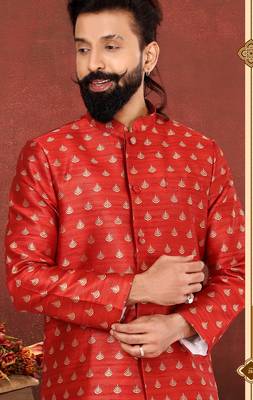 Men Red Jacquard Silk Dhoti Kurta Set 7