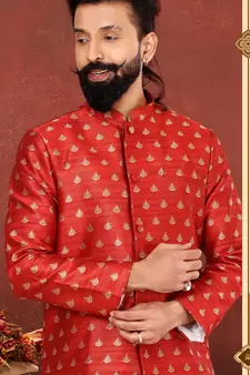 Men Red Jacquard Silk Dhoti Kurta Set