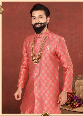 Men Peach Jacquard Silk Dhoti Kurta Set 7