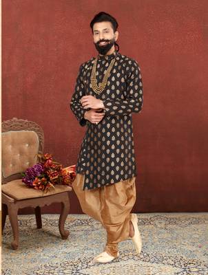 Men Black Jacquard Silk Dhoti Kurta Set 1