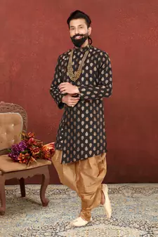 Men Black Jacquard Silk Dhoti Kurta Set