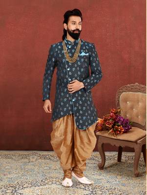 Men Black Jacquard Silk Dhoti Kurta Set 7