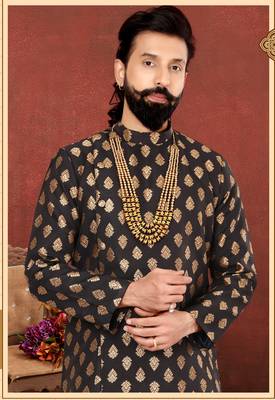 Men Black Jacquard Silk Dhoti Kurta Set 7
