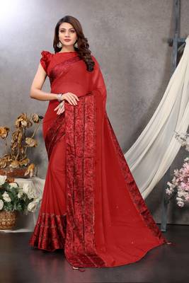 Red woven georgette saree with blouse 1