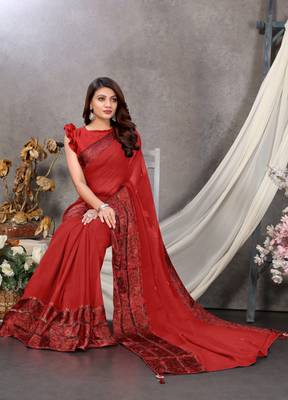 Red woven georgette saree with blouse 2