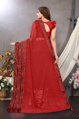 Red woven georgette saree with blouse 3