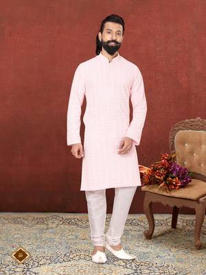 Men Light Pink Georgette Embroidery Kurta Churidar Set 7