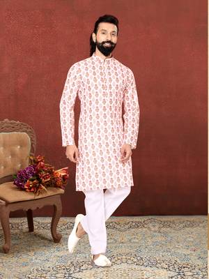 Men White Cotton Digital Printed Kurta Churidar Set 1