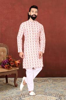 Men White Cotton Digital Printed Kurta Churidar Set