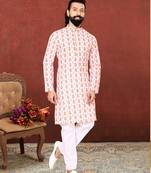 Men White Cotton Digital Printed Kurta Churidar Set