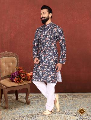 Men Black Cotton Digital Printed Kurta Churidar Set 1