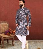 Men Black Cotton Digital Printed Kurta Churidar Set