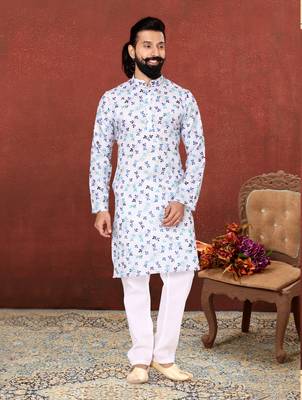 Men Off White Cotton Digital Printed Kurta Churidar Set 7