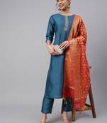Teal plain silk salwar