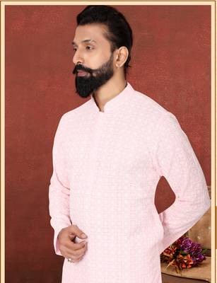 Men Light Pink Georgette Embroidery Kurta Churidar Set 1