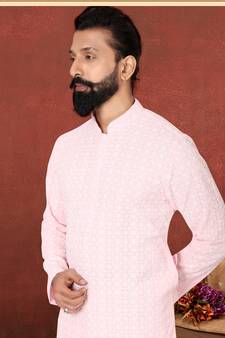 Men Light Pink Georgette Embroidery Kurta Churidar Set