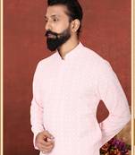 Men Light Pink Georgette Embroidery Kurta Churidar Set