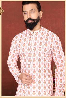 Men White Cotton Digital Printed Kurta Churidar Set 7