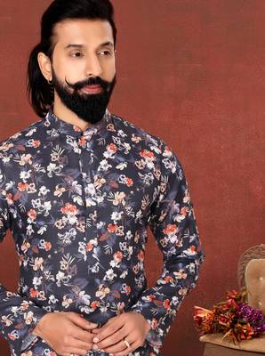 Men Black Cotton Digital Printed Kurta Churidar Set 7