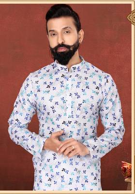 Men Off White Cotton Digital Printed Kurta Churidar Set 1