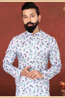 Men Off White Cotton Digital Printed Kurta Churidar Set