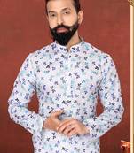 Men Off White Cotton Digital Printed Kurta Churidar Set