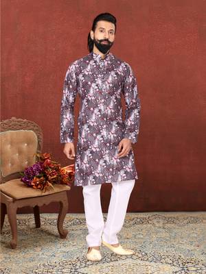 Men Brown Cotton Digital Printed Kurta Churidar Set 7