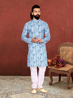 Men White Cotton Digital Printed Kurta Churidar Set 7