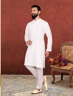 Men White Georgette Embroidery Kurta Churidar Set 1