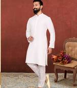 Men White Georgette Embroidery Kurta Churidar Set