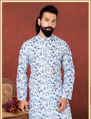 Men Off White Cotton Digital Printed Kurta Churidar Set 1