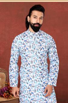 Men Off White Cotton Digital Printed Kurta Churidar Set