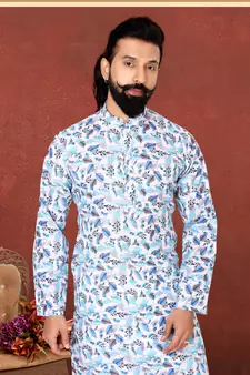 Men Off White Cotton Digital Printed Kurta Churidar Set