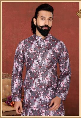 Men Brown Cotton Digital Printed Kurta Churidar Set 1