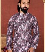 Men Brown Cotton Digital Printed Kurta Churidar Set